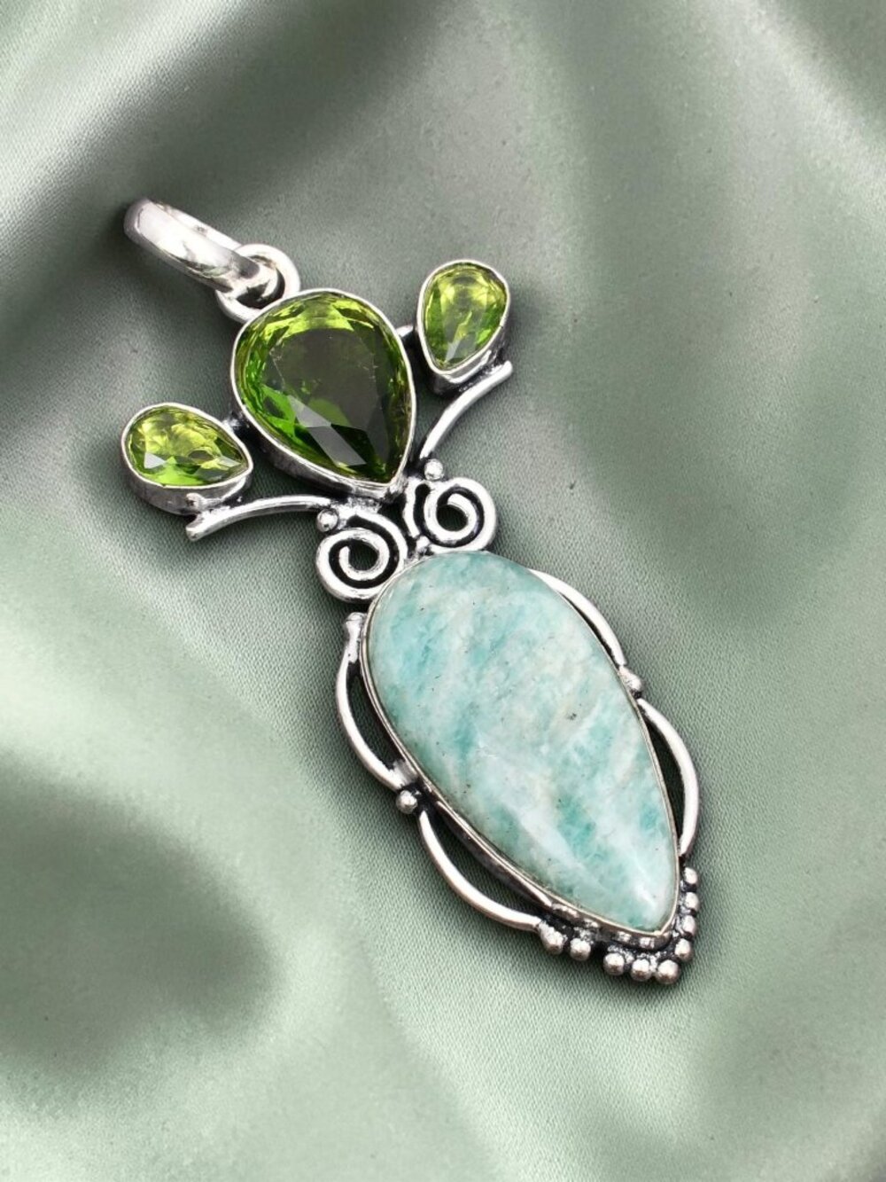 Amazonite Peridot Gemstone Ethnic Handmade Pendant 2.96"
